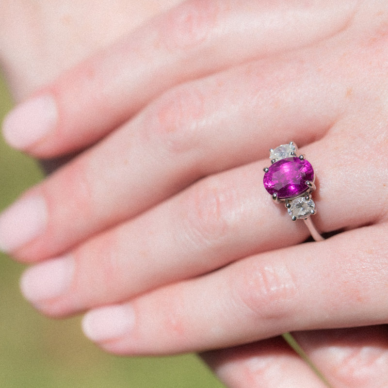 Kimberley | Fuchsia Pink Trilogy - Fuchsia Pink Sapphire & Diamonds Ring on hand