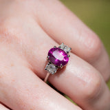 Kimberley | Fuchsia Pink Trilogy - Fuchsia Pink Sapphire & Diamonds Ring on finger