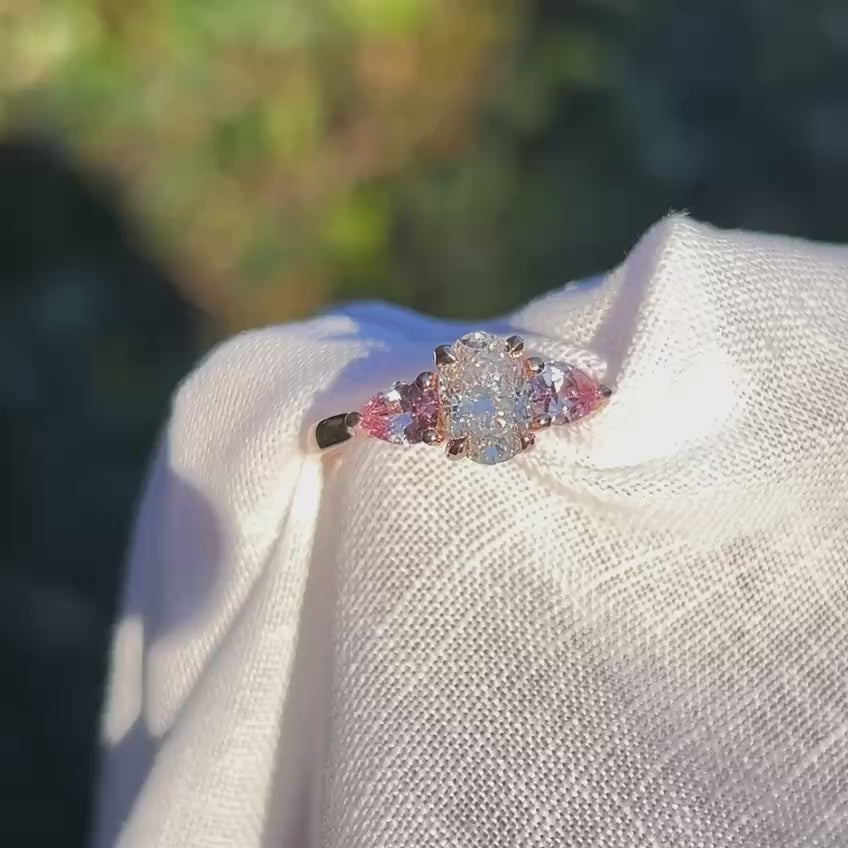 Kimberley | 'Grace of Sakura' | Natural GIA Certified I,VVS1,EX Diamond & Pastel Pink Sapphires Ring sunlight video
