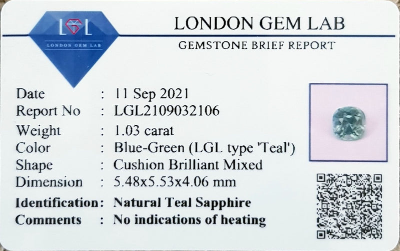 1.03Ct Blue Green Teal Sapphire  Cushion Shape lab certificate
