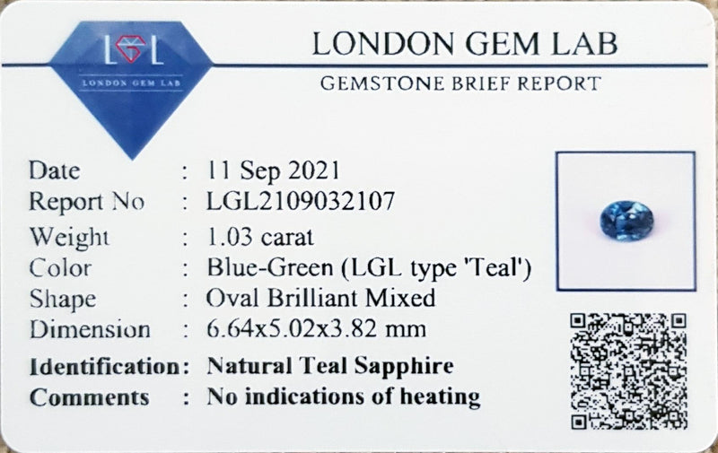 1.03Ct Tiffany Teal Sapphire  Oval Shape lab certificate