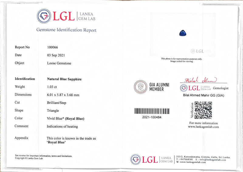 1.03Ct trillion royal blue Ceylon sapphire lab certificate