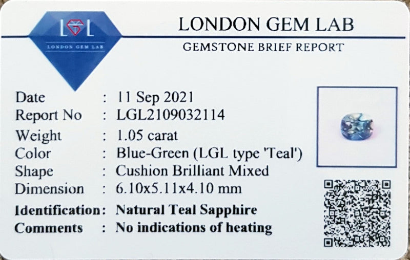 1.05Ct Blue Green Teal Sapphire  Cushion Shape lab certificate