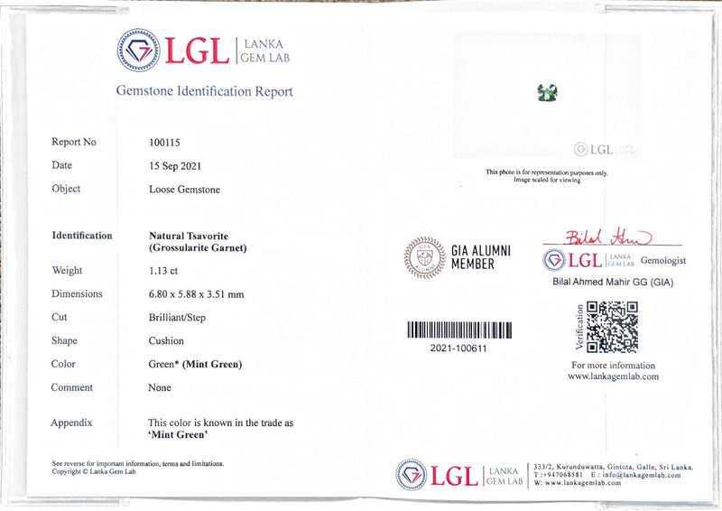 1.13Ct Mint Green Tsavorite | Emerald Shape lab certificate