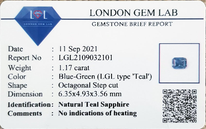 1.17Ct Blue Green Teal Sapphire  Emerald Shape lab certificate