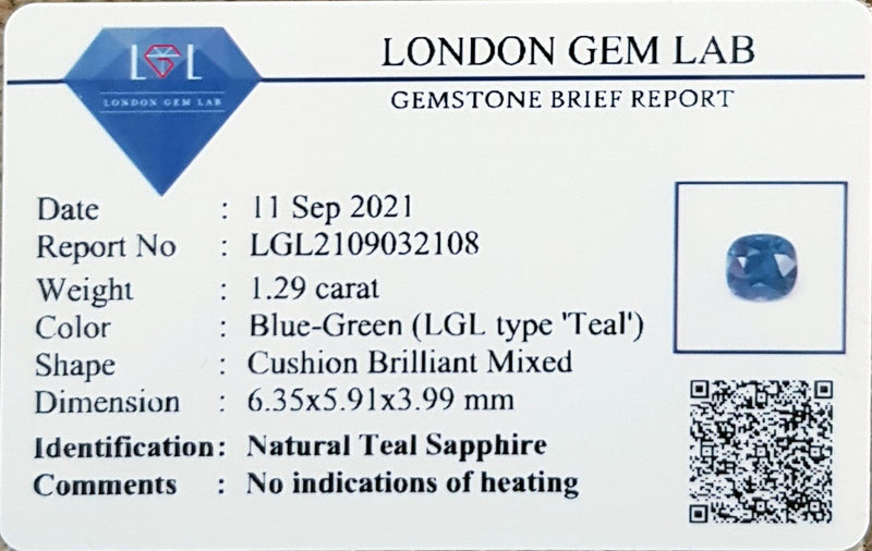 1.29Ct Blue Green Teal Sapphire  Cushion Shape lab certificate