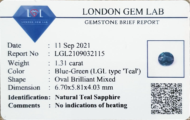 1.31Ct Blue Green Teal Sapphire  Oval Shape lab certificate