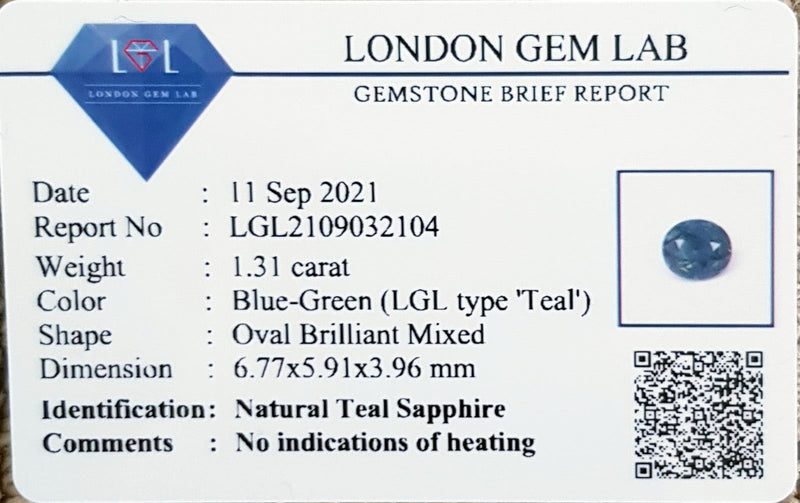 1.31Ct Blue Green Teal Sapphire  Oval Shape lab certificate