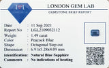 1.49Ct Peacock Blue Sapphire  Emerald Shape lab certificate
