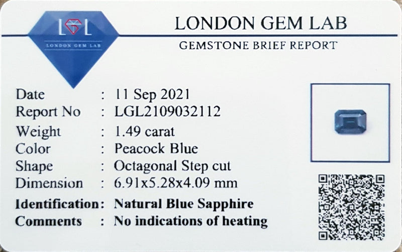 1.49Ct Peacock Blue Sapphire  Emerald Shape lab certificate