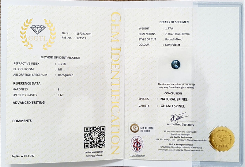 1.77Ct Light Violet Grey (Ghano) Spinel  Round Shape lab certificate