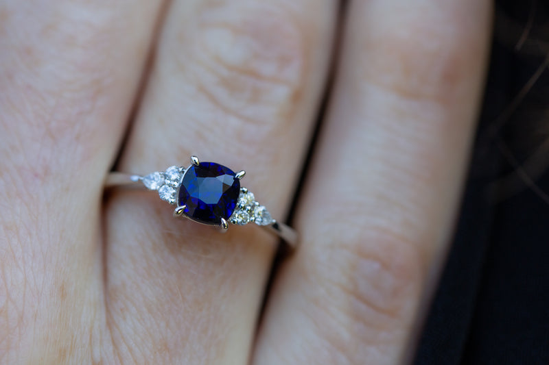 Close up of Royal Blue Sapphire & Diamonds Ring
