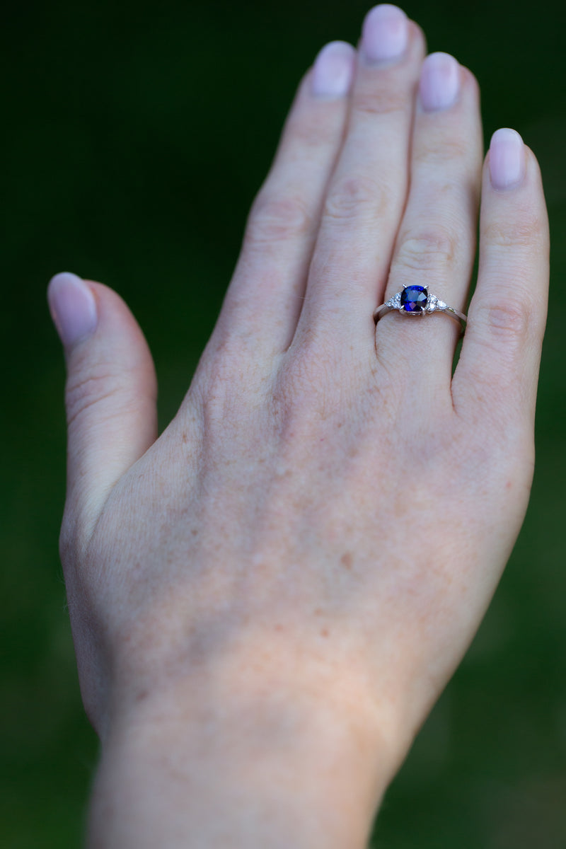 Royal Blue Sapphire & Diamonds Ring on hand