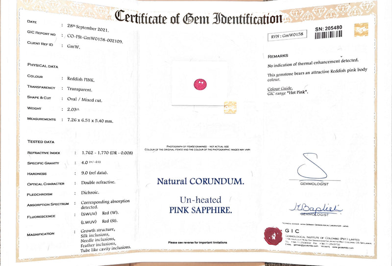 2.03Ct Hot Pink Sapphire | Oval Shape lab certificate