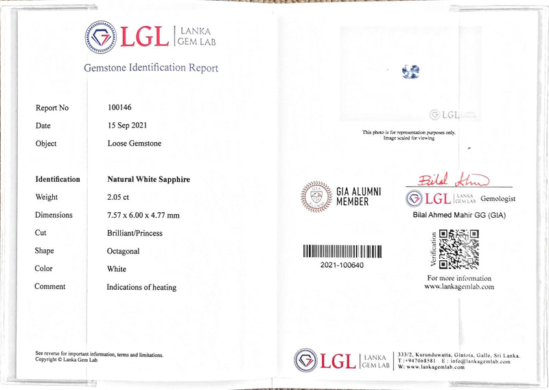 2.05Ct White Sapphire | Emerald Shape lab certificate