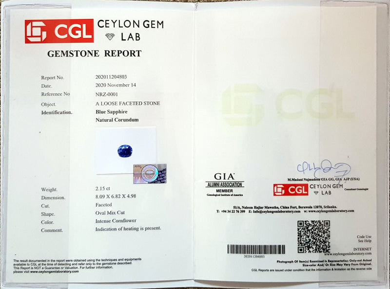 2.15Ct Cornflower Blue Sapphire  Oval Shape lab certificate