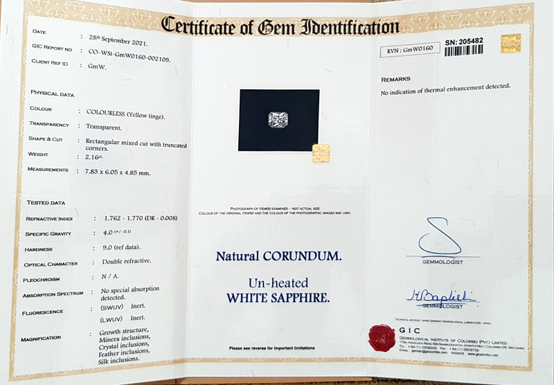 2.16Ct White Sapphire | Emerald Shape lab certificate