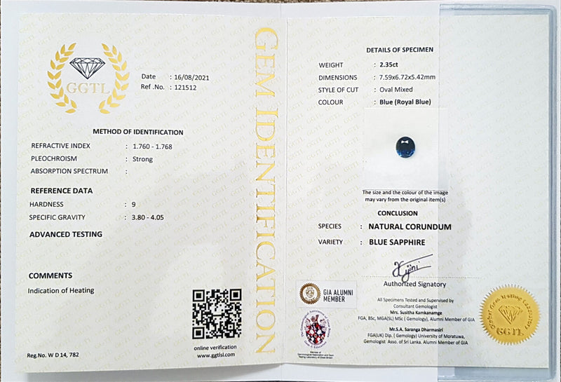 2.35Ct Royal Blue Sapphire  Oval Shape lab certificate