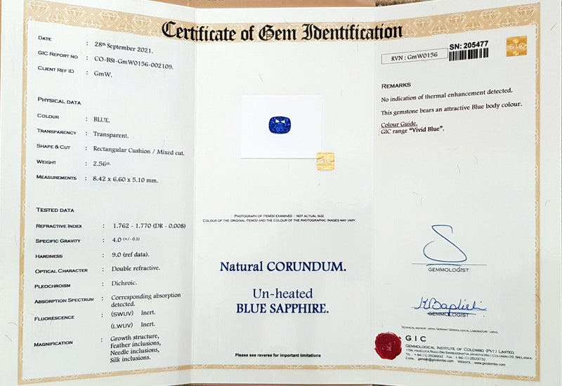 2.56Ct Vivid Blue Sapphire | Cushion Shape lab certificate