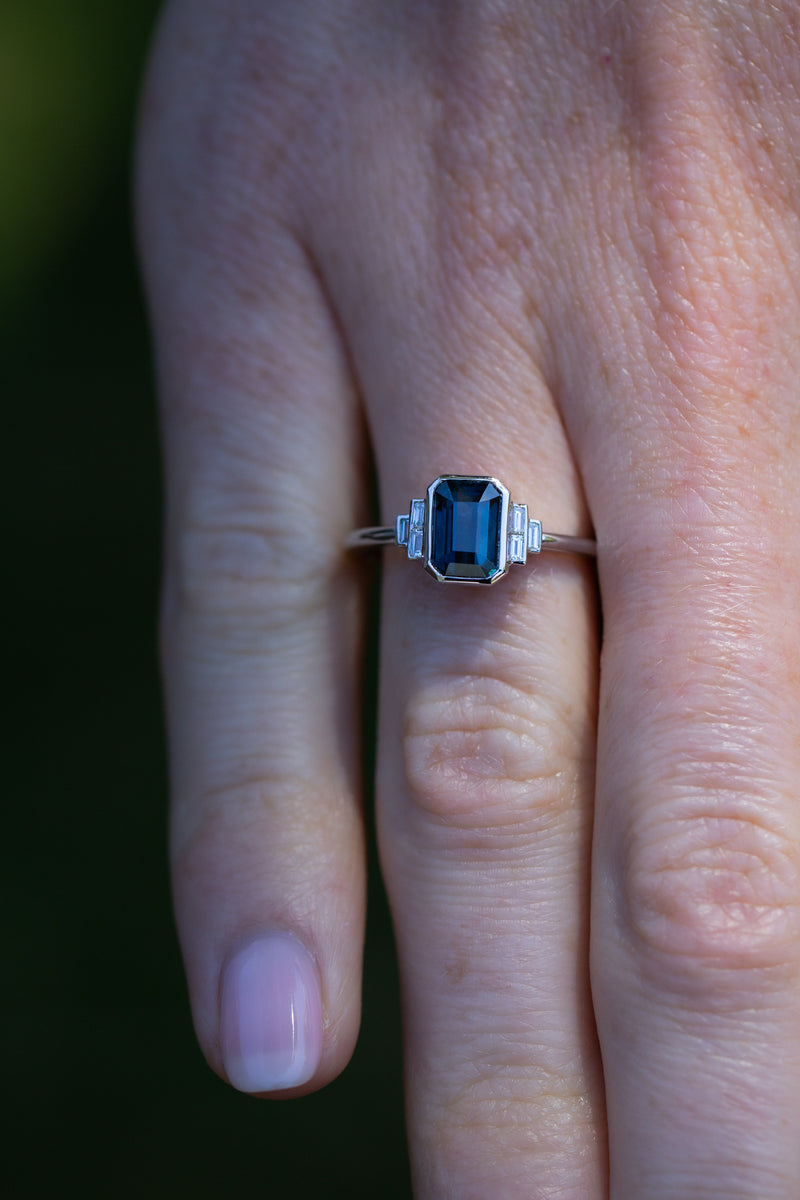 Art Deco - Blue Teal Sapphire & Baguette Diamonds on ring finger