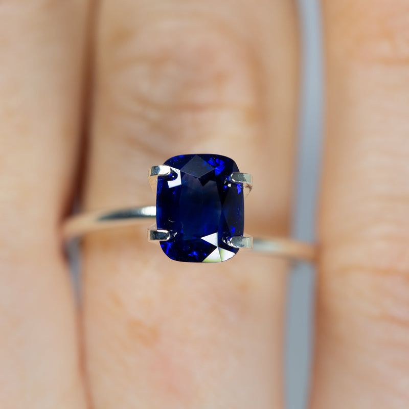 2.04Ct Royal Blue Sapphire  Cushion Shape from Sri Lanka on ring finger
