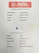 1.66Ct Rich Seaform Green Madagascan Sapphire | Cushion Shape certificate