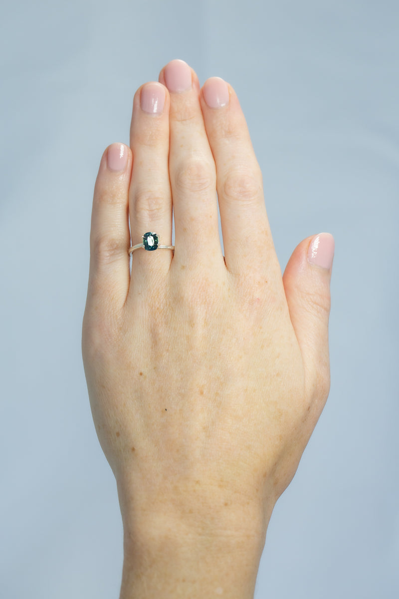 1.66Ct Rich Seaform Green Madagascan Sapphire | Cushion Shape on hand