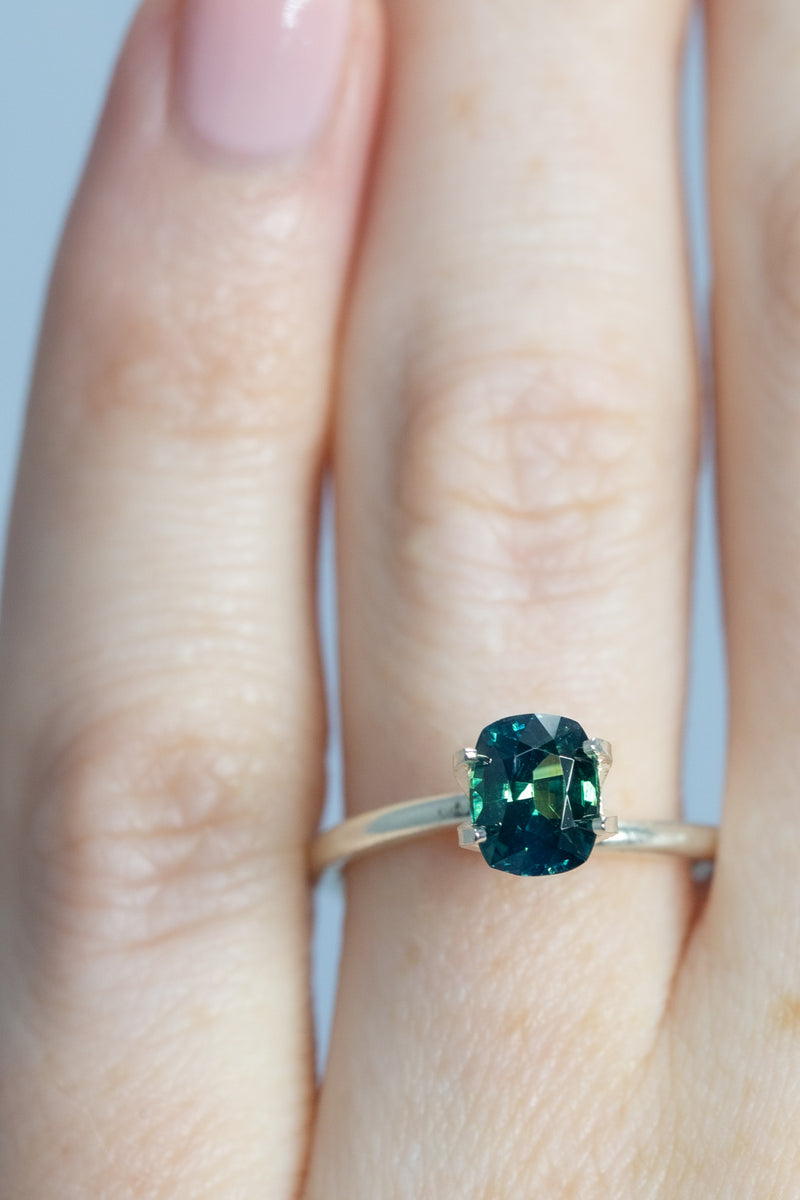 1.66Ct Rich Seaform Green Madagascan Sapphire | Cushion Shape on finger