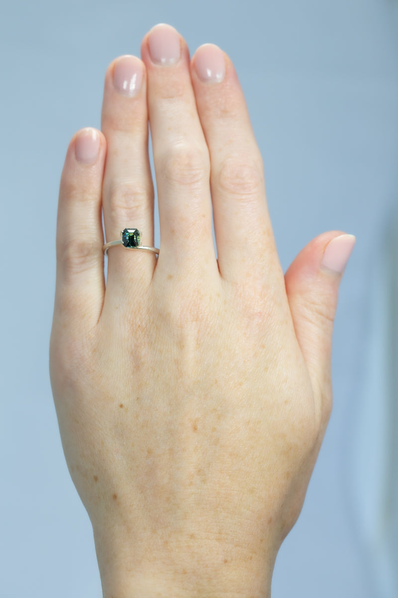 1.61Ct Bi-Colour Blue-Green Madagascan Sapphire | Emerald Shape on hand