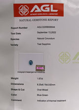 1.67Ct Bluish Teal Madagascan Sapphire | Oval Shape certificate