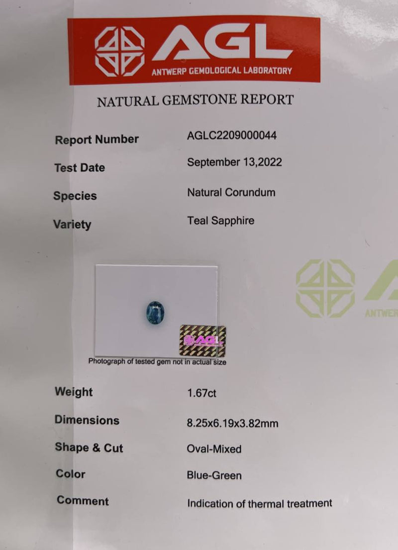 1.67Ct Bluish Teal Madagascan Sapphire | Oval Shape certificate