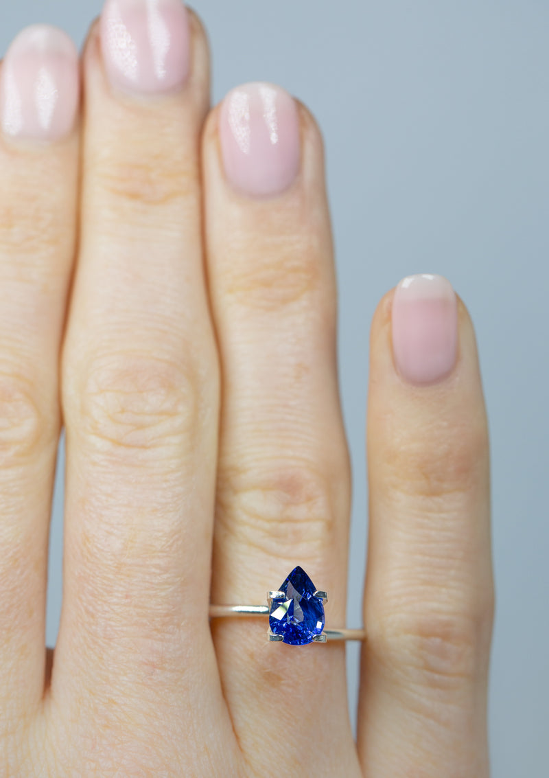 Velvety 1.77Ct Royal Blue Sapphire  Pear Shape from Sri Lanka on ring finger