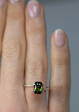 2.05Ct Forest Green Teal Sapphire | Emerald Shape from Madagascar on ring finger