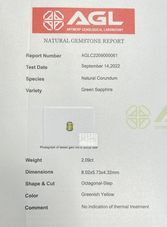 2.09Ct Green Yellow Madagascan Sapphire | Emerald Shape certificate