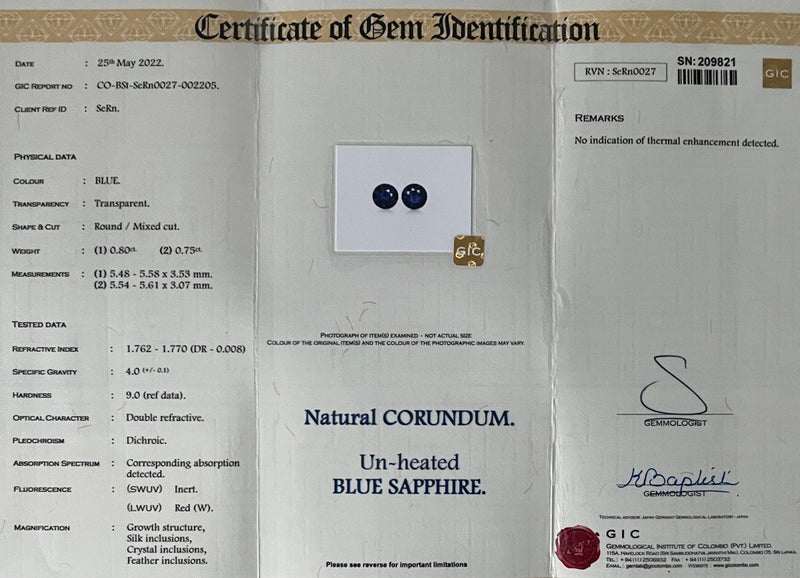 1.55Ct Blue-Violet Pair Ceylon Sapphire | Round Shape certificate