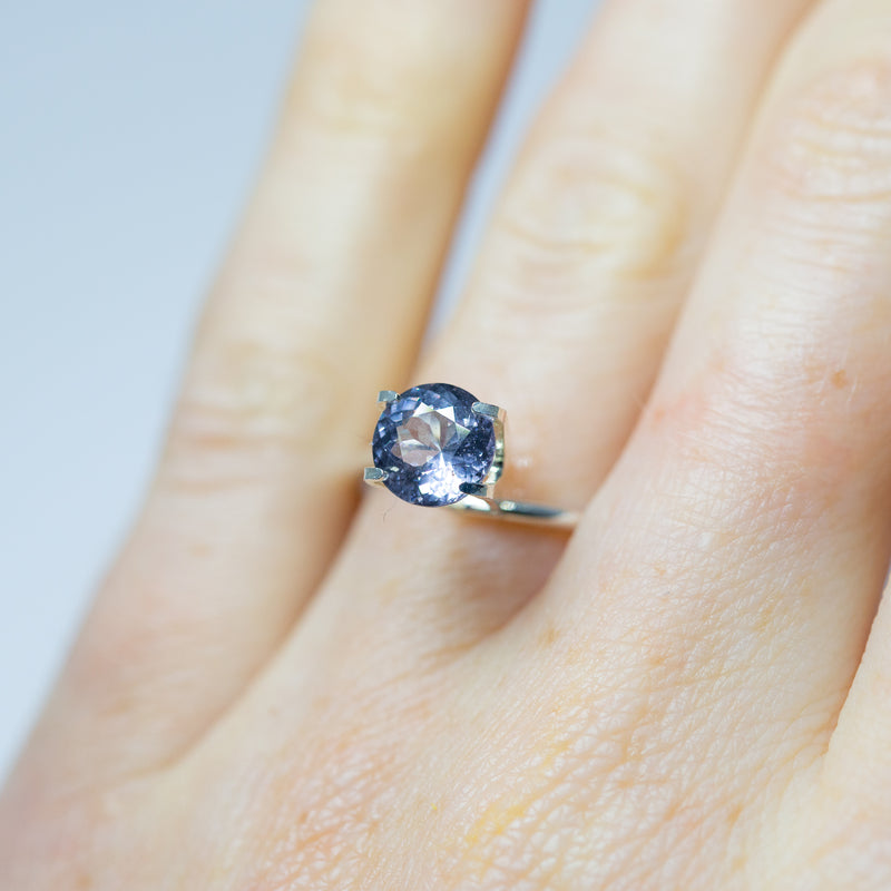 Natural, rare 1.77Ct Light Violet Grey (Ghano) Spinel | Round Shape from Sri Lanka on finger