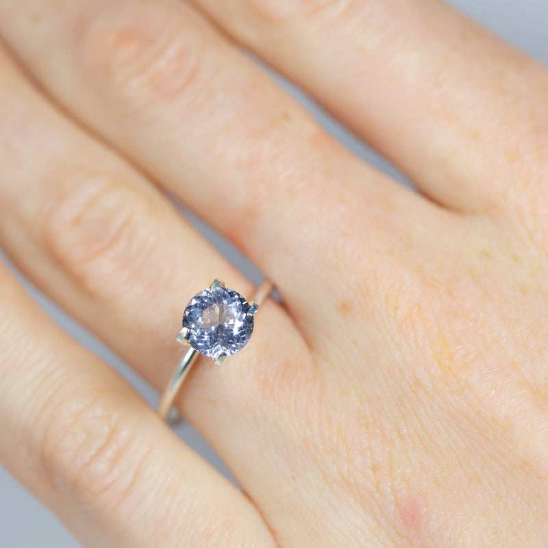 Natural, rare 1.77Ct Light Violet Grey (Ghano) Spinel | Round Shape from Sri Lanka on finger