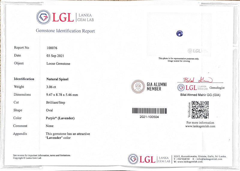 3.06Ct Lavender Spinel | Oval Shape lab certificate