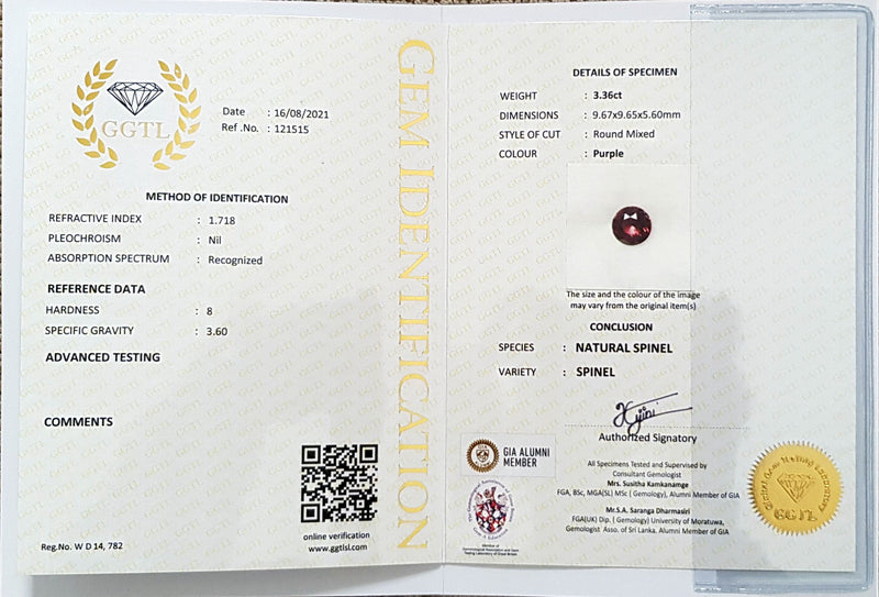 3.36Ct Lavender Spinel  Round Shape lab certificate