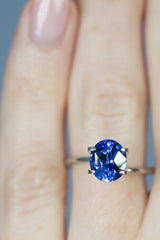 3.04Ct Vivid Blue Ceylon Sapphire | Oval Shape on finger