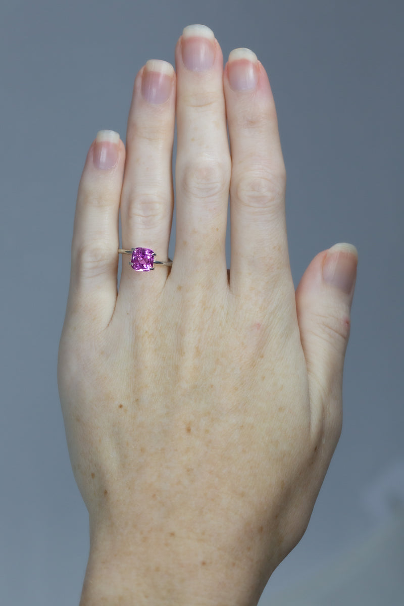 3.05Ct Vivid Deep Pink Sapphire | Cushion Shape on hand