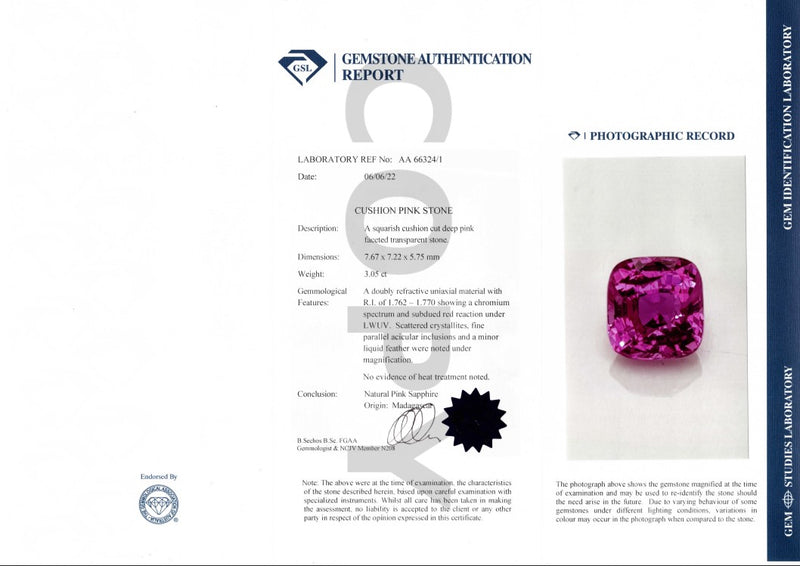 3.05Ct Vivid Deep Pink Sapphire | Cushion certificate