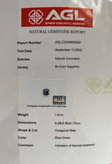 1.61Ct Bi-Colour Blue-Green Madagascan Sapphire | Emerald Shape certificate